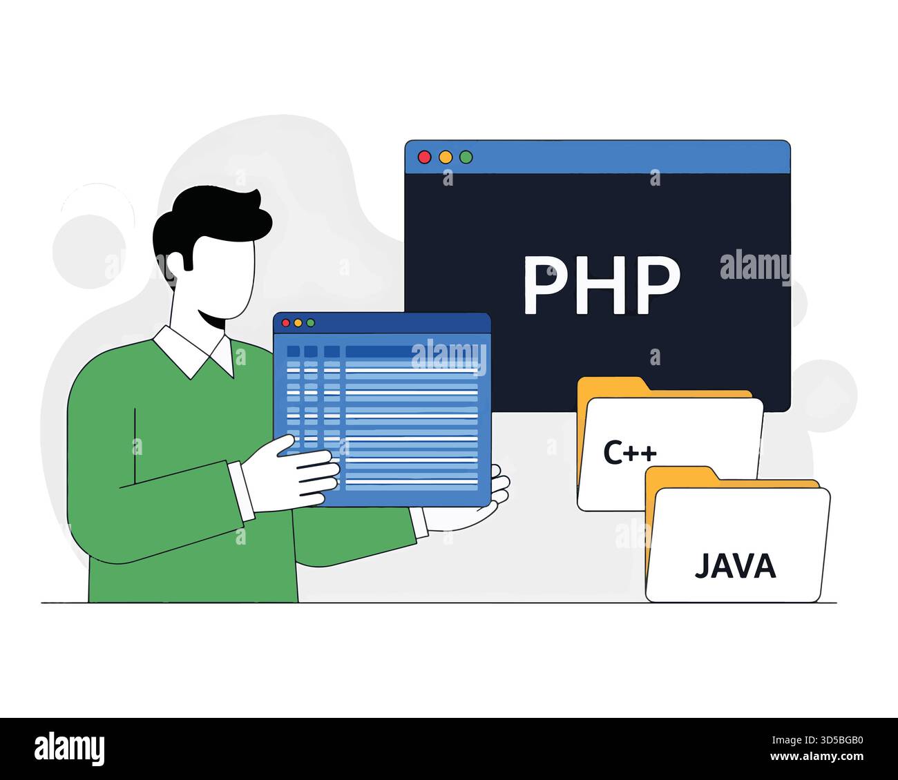 Sviluppatore software che lavora con file PHP Java e C Plus Plus Illustrazione Vettoriale