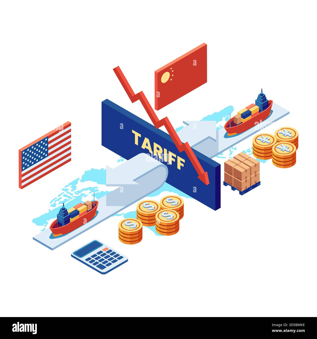 Il muro delle tariffe isometriche blocca il commercio globale. Concetto di guerra commerciale globale Illustrazione Vettoriale