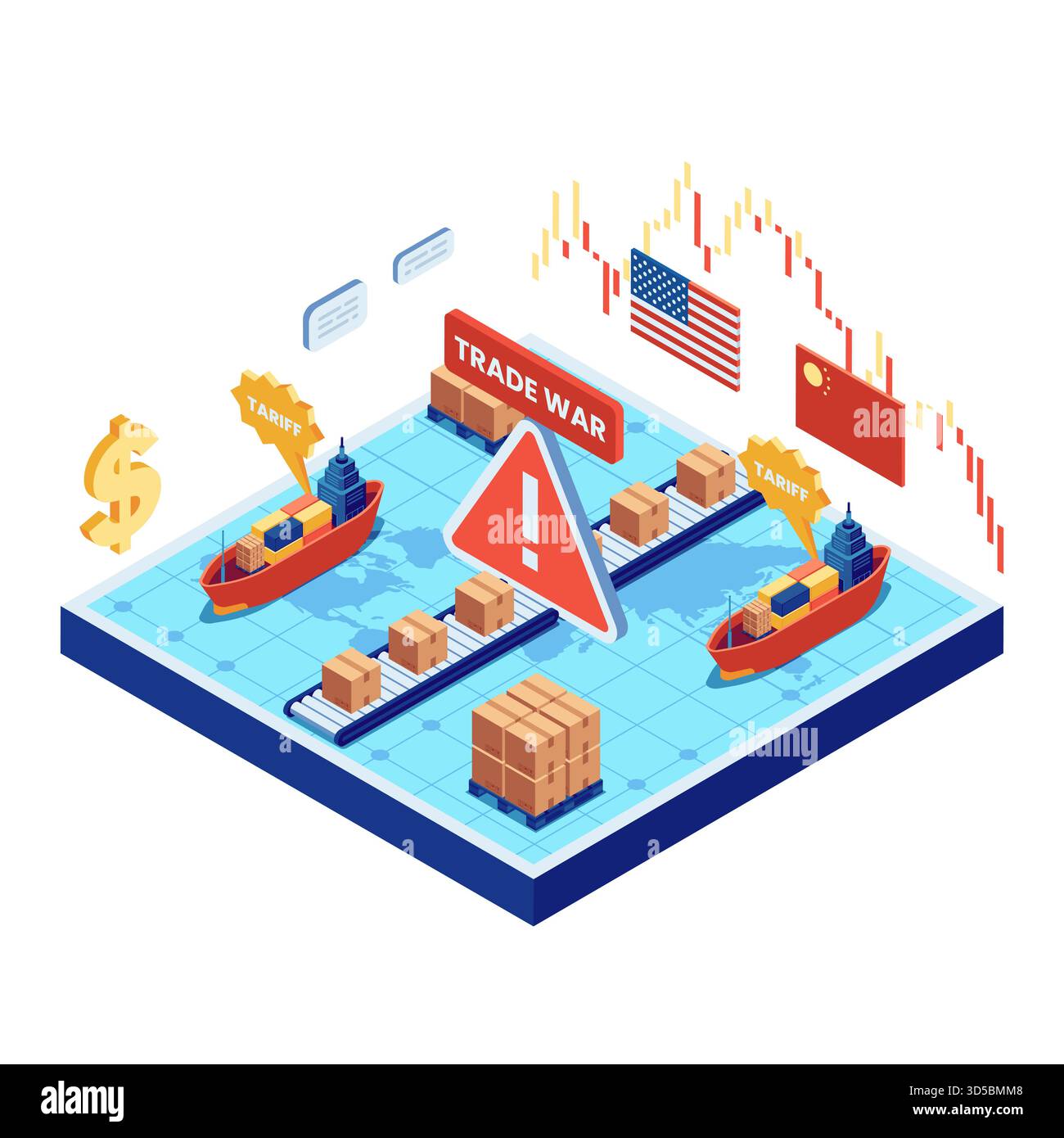 Linea di produzione Isometric Factory interessata dalle tariffe doganali. Rivoluzione della catena di approvvigionamento globale durante il concetto della guerra commerciale cinese degli Stati Uniti Illustrazione Vettoriale