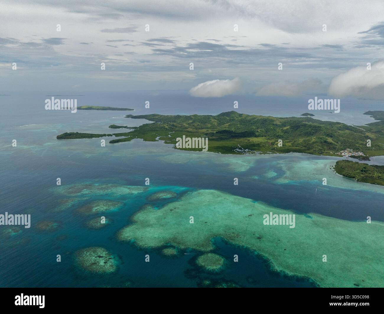 Ampie acque turchesi della barriera corallina con macchie di corallo che si estendono verso verdi colline costiere sotto cieli nuvolosi. Foto Stock
