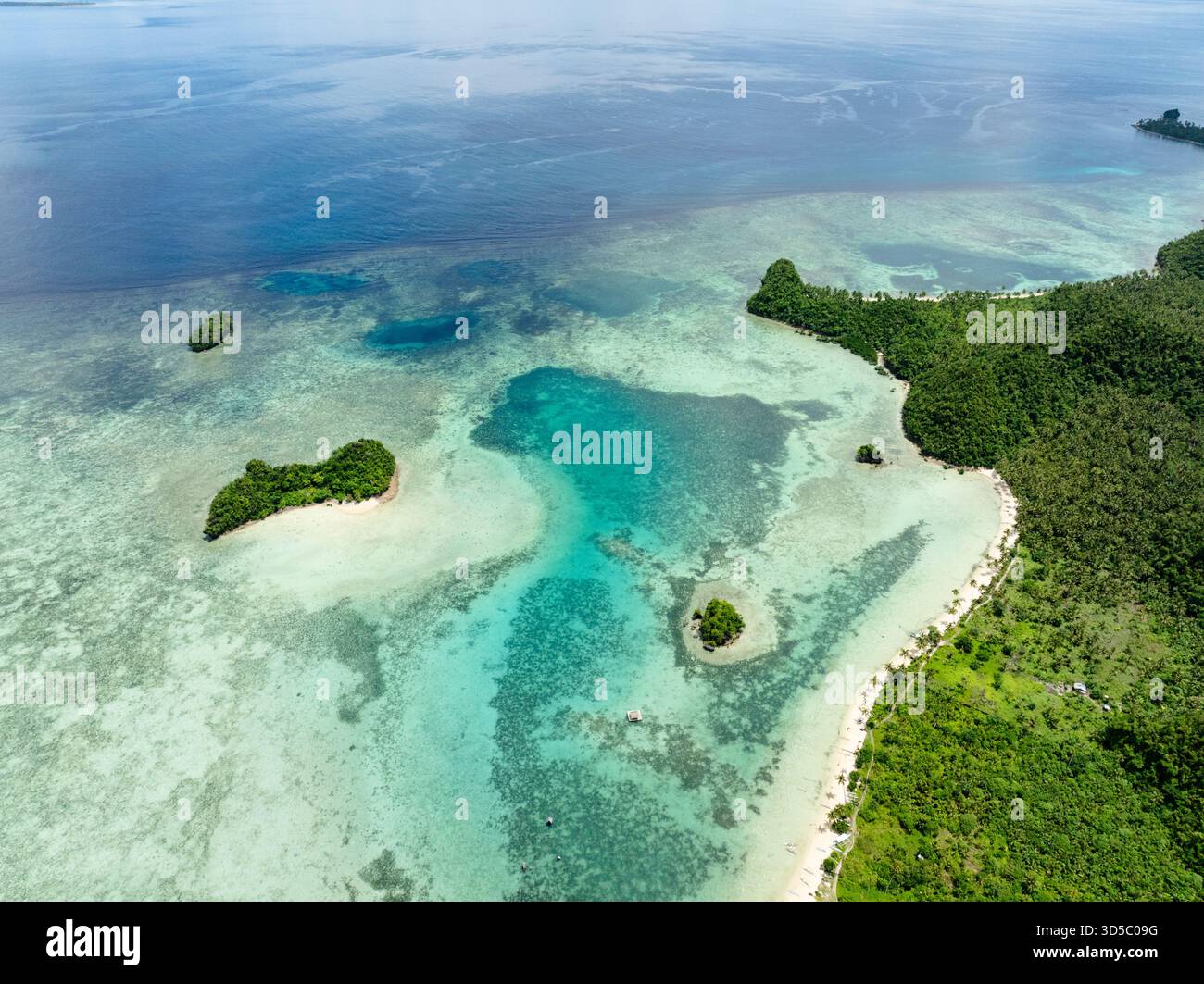 Piccole isole verdi sorgono da acque turchesi poco profonde con barriere coralline visibili. Siargao, Filippine. Laguna blu di Sugba. Foto Stock