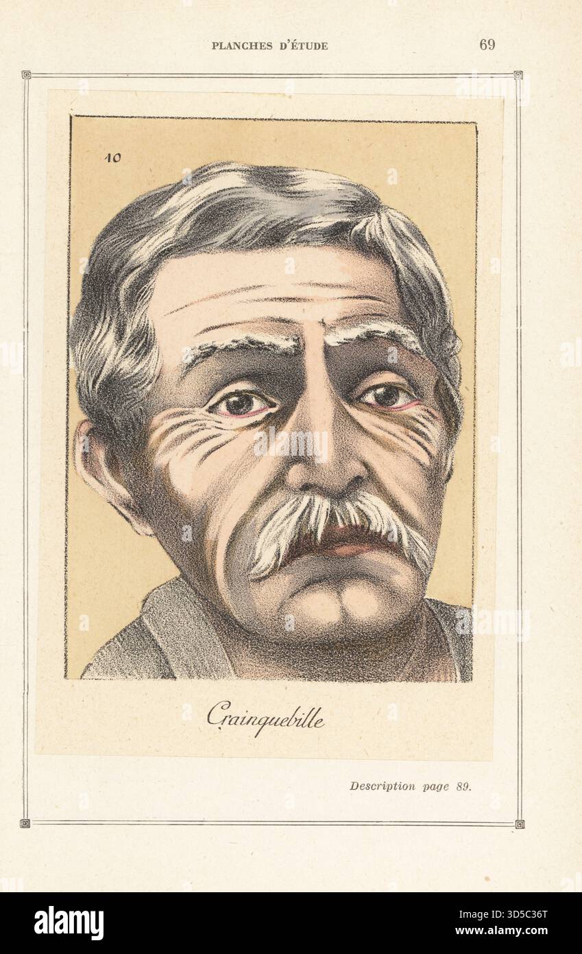 Trucco teatrale per il personaggio del venditore di alimentari Crainquebille. Fondotinta dai toni polpa, allontana le guance con polvere marrone, sbianca le sopracciglia e le palpebre, linee di età in sangue di bue, bocca dolorosa. Crainquebille è stato il protagonista di un film muto del 1922 diretto da Jacques Feyder. Chromolithograph from Alfred Bitterlin's l'Art du Maquillage, Art of Makeup, Editions Ulysse Boucoiran, Parigi, 1925. Foto Stock