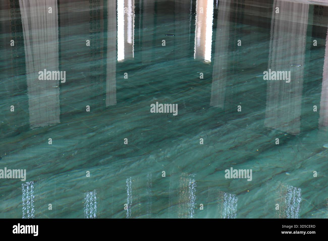 Riflessi sulla superficie dell'acqua di una piscina di marmo venato Foto Stock