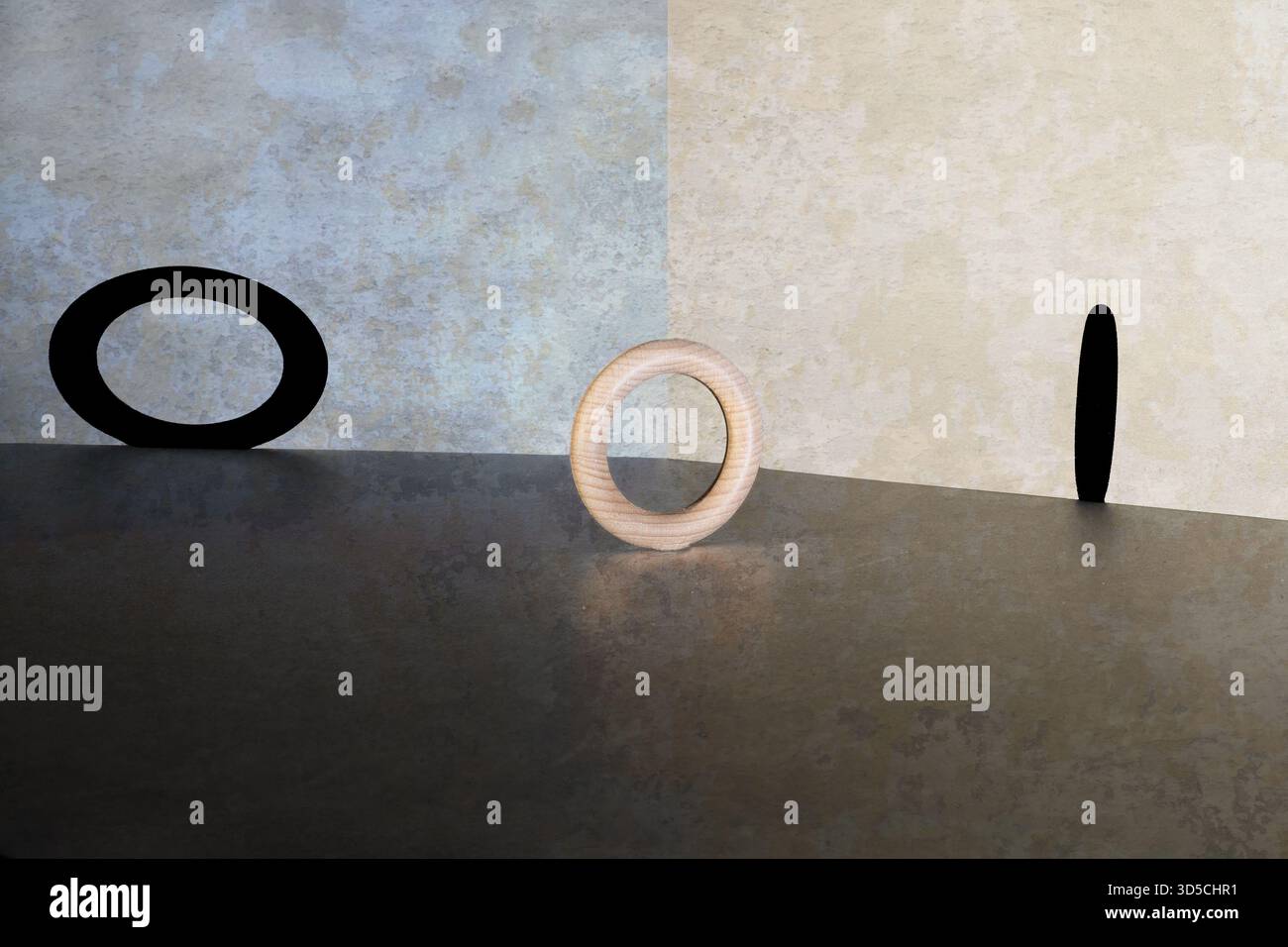 Immagine concettuale di continuità e cicli - anello di legno tra forme nere che rappresenta la prospettiva eterna Foto Stock