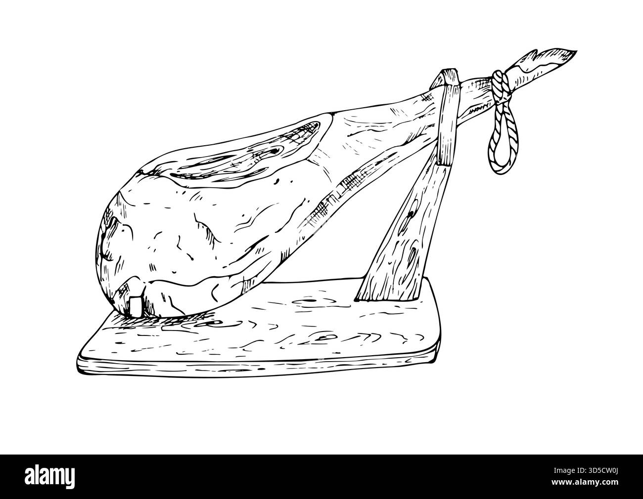 Gamba vettoriale di prosciutto stagionato su un supporto di legno. Inchiostro grafico tradizionale spagnolo jamon illustrazione serrano, isolato sullo sfondo. Linea disegnata a mano Illustrazione Vettoriale