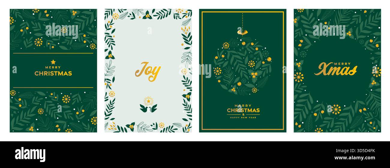 Set di modelli di carte floreali per Natale e felice anno nuovo. Cartoline di Natale con ornamenti di rami, bacche e foglie. Illustrazione vettoriale Illustrazione Vettoriale