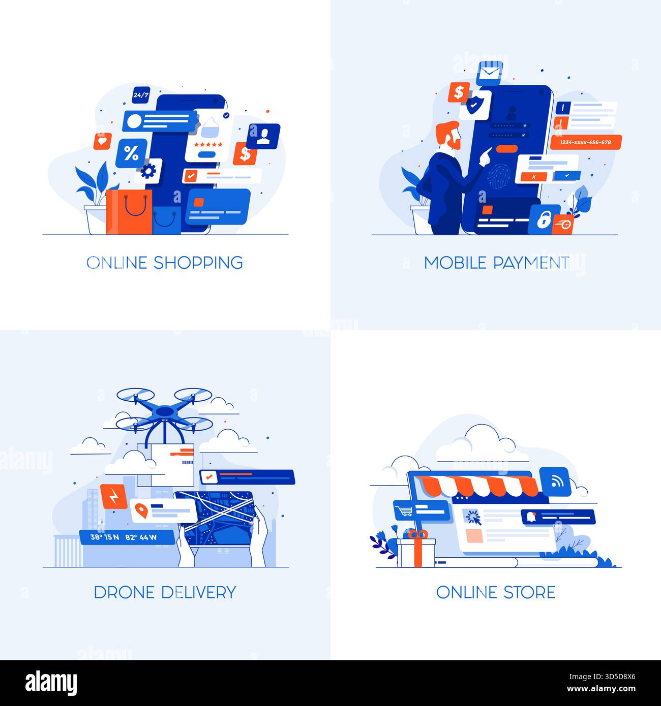 Icone di concept dal design moderno e piatto per acquisti online, pagamenti mobili, consegna di droni e negozio online. Può essere utilizzato per Web Project , Applicat Illustrazione Vettoriale