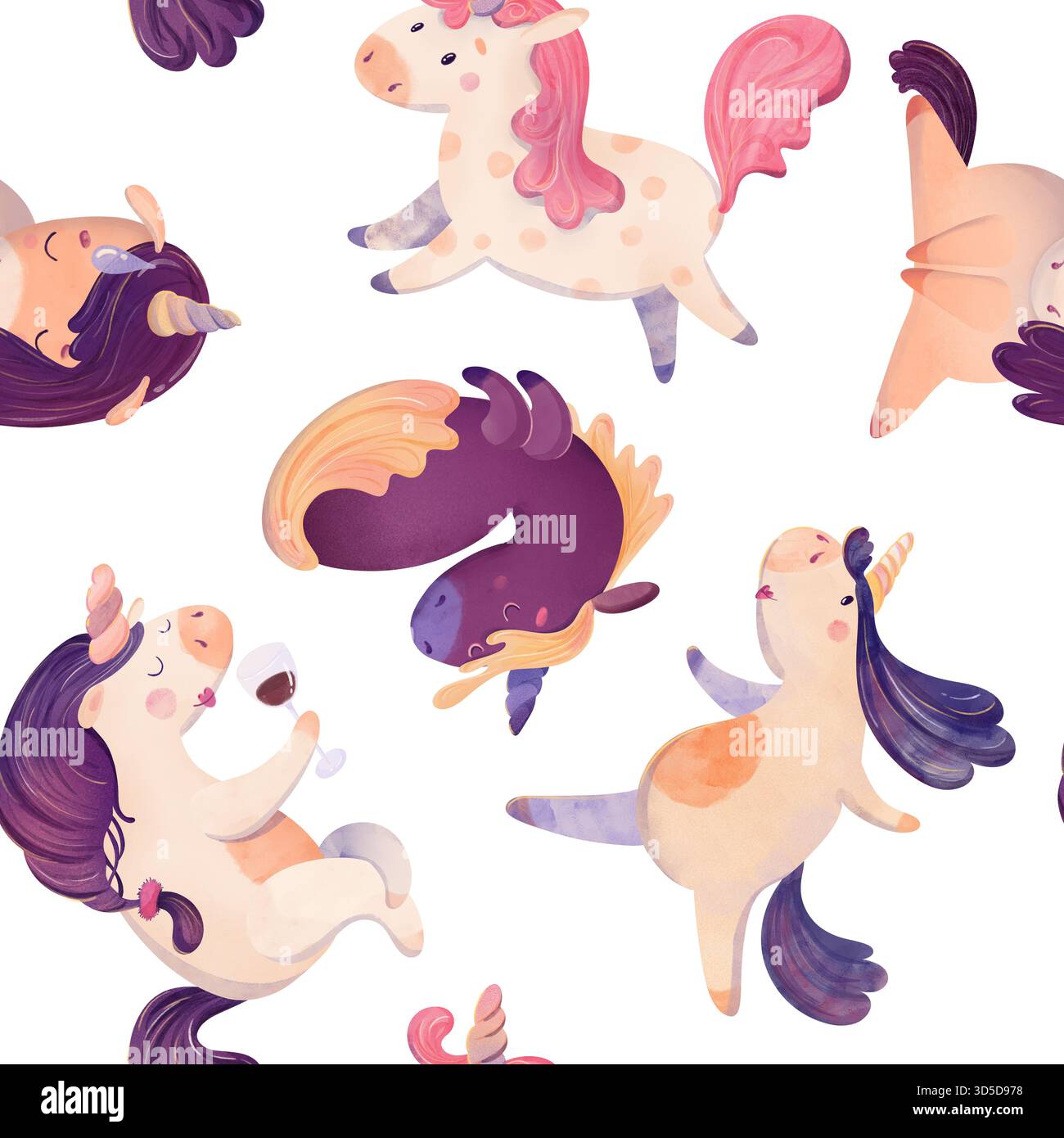 Simpatico unicorno senza cuciture in viola e rosa grazioso acquerello per bambini ripetuto per tessuto, carta da parati, arredamento per vivai, planner, arte per bambini, perfr Foto Stock