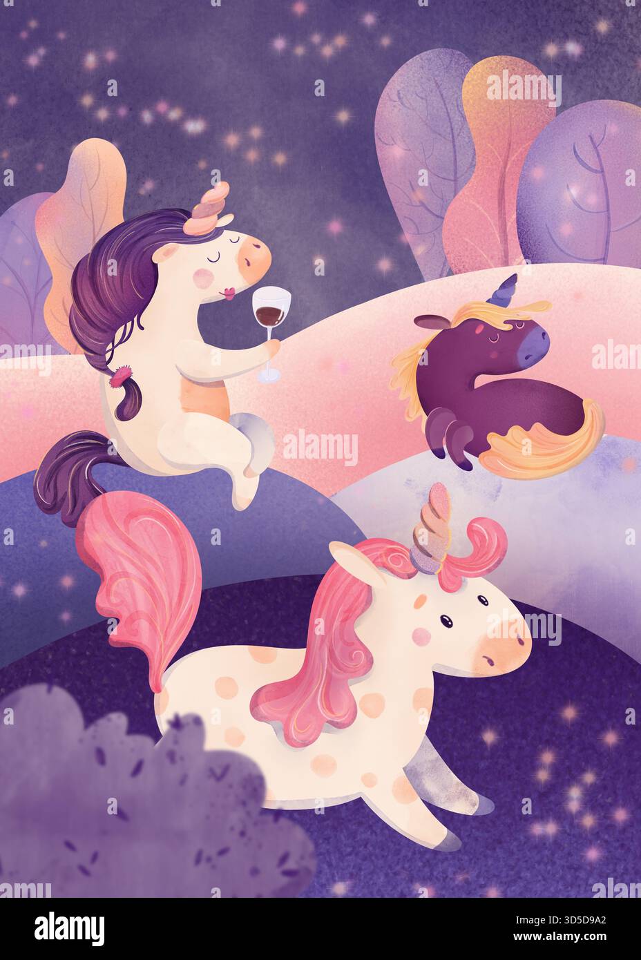 Gli unicorni festeggiano di notte: Sorseggiano vino, altri si rilassano sotto il cielo stellato. illustrazione per bambini in tenui colori pastello, magica scena fantasy per k Foto Stock