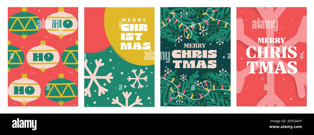 Set di modelli di tessera floreale per Natale e felice anno nuovo. Cartoline di Natale con ornamenti di rami, palle e ornamenti. Arte moderna e minimale Illustrazione Vettoriale