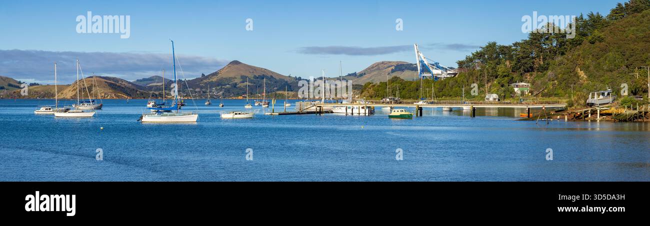 Una vista panoramica del Porto di Otago, nuova Zelanda. Sulla destra troverai Port Chalmers, il porto principale di Dunedin Foto Stock