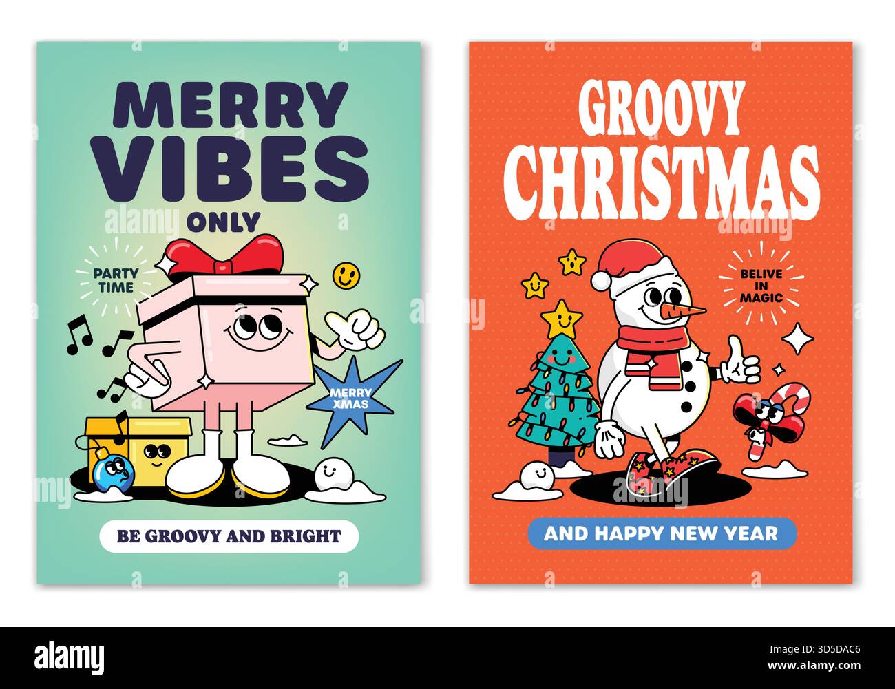 Buon Natale e felice anno nuovo. Il personaggio Gocy Giftbox e il personaggio Snowman, holly jolly vibra in uno stile cartoni animati retrò alla moda. Biglietti d'auguri, t Illustrazione Vettoriale