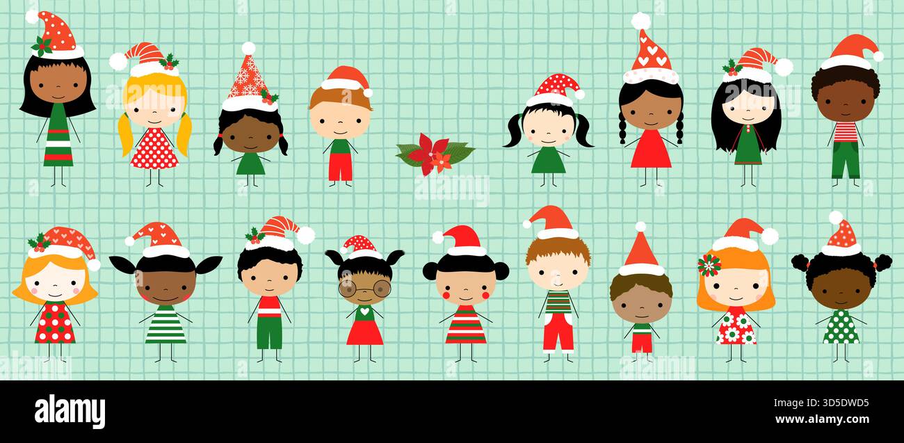 Simpatici personaggi vettoriali per bambini con cappelli di Babbo Natale rossi, illustrazioni per bambini per biglietti d'auguri e disegni natalizi Illustrazione Vettoriale