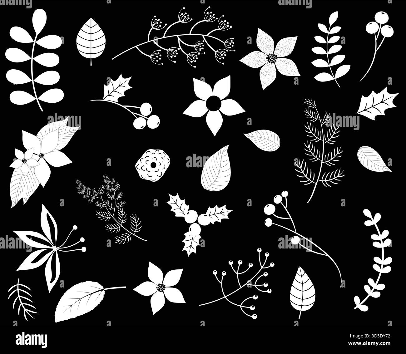 Silhouette vettoriali invernali con fiori bianchi, foglie, rami e frutti di bosco su sfondo nero Illustrazione Vettoriale