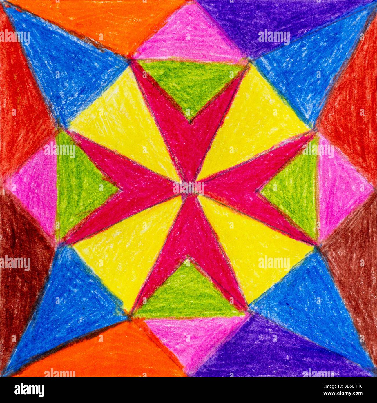 Vivace motivo geometrico Starburst con triangoli colorati in un design caleidoscopio Foto Stock