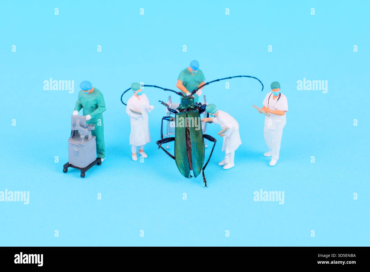 Vista ravvicinata di scienziati in miniatura che esaminano un grande e vivace coleottero in un ambiente luminoso di laboratorio, dimostrando tecniche di ricerca biologica uniche Foto Stock