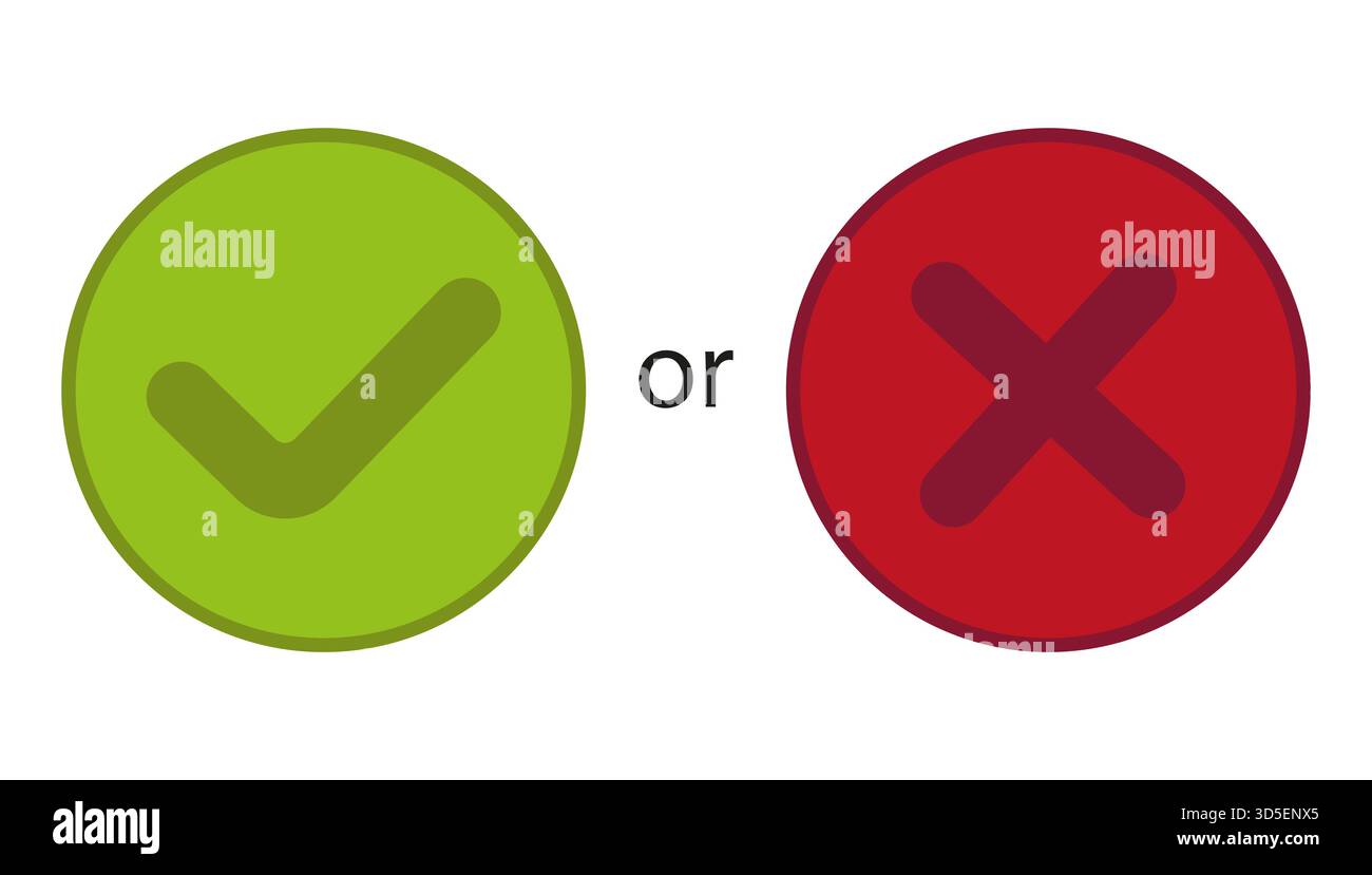 Icone Sì No. Segno di spunta a croce. Simboli sbagliati giusti. Scelta del vettore decisionale. Illustrazione Vettoriale