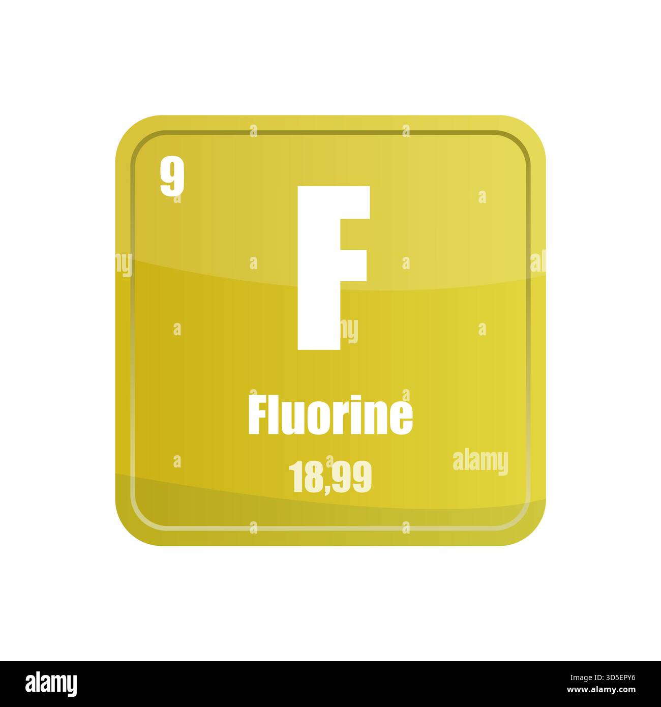 Piastrella elemento chimico fluoro. Atomico numero nove. F firma icona vettore. Forma quadrata giallo brillante. Illustrazione Vettoriale