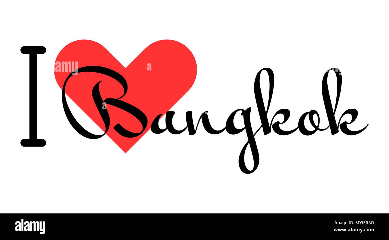 Amo Bangkok, città della Thailandia. Lettere disegnate a mano con cuore rosso. Caratteri per illustrazioni vettoriali, design moderno per t shirt, striscioni, poster, s. Illustrazione Vettoriale