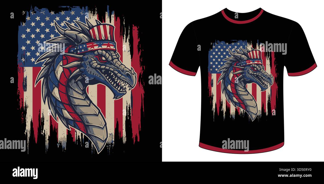 Drago patriottico con bandiera americana e cappello dello zio sam isolato su sfondo bianco, Vector Illustrazione Vettoriale