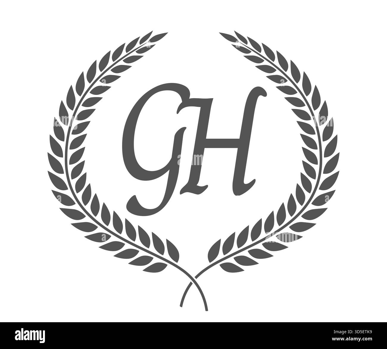 Lettera iniziale G e H, logo monogramma GH con corona in alloro. Emblema di lusso con carattere calligrafico. Illustrazione Vettoriale