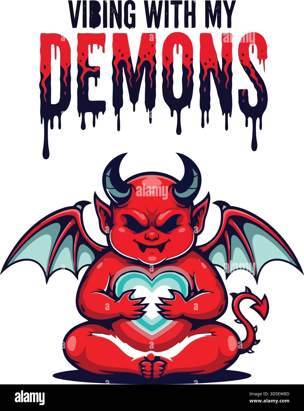 Il diavolo rosso che medita, tiene il cuore, "vibra con i miei demoni". Isolato su sfondo bianco, Vector Illustrazione Vettoriale