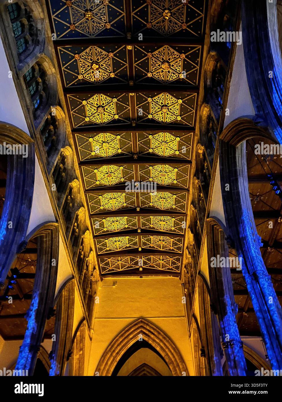 Vista dettagliata del soffitto gotico illuminato e delle opere in ferro all'interno di Hull Minster, Inghilterra. Simmetria architettonica, illuminazione calda, - Immagine stock catturata con smartphone