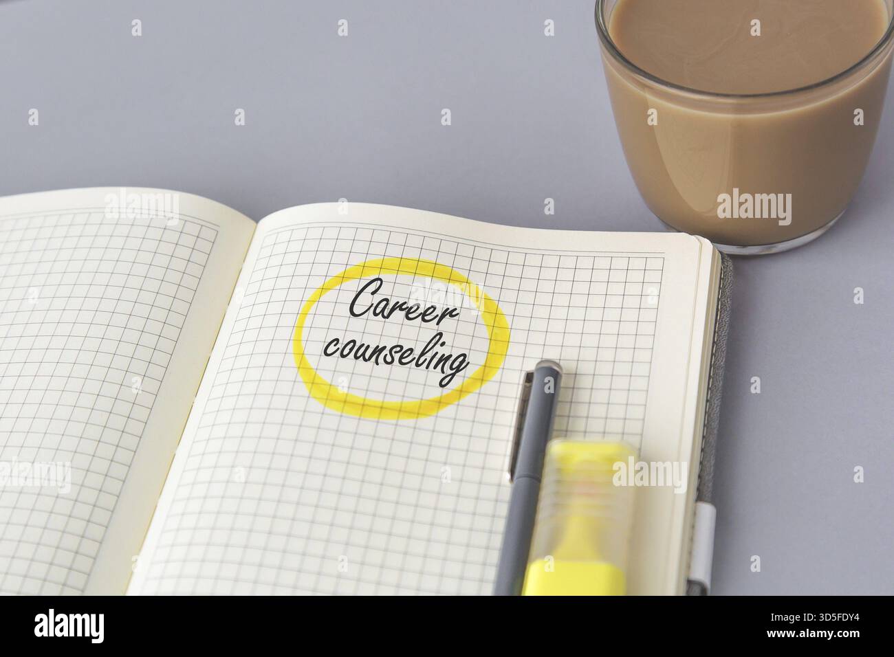 Quaderno aperto con frase scritta a mano per la consulenza professionale cerchiato con pennarello giallo, penna, evidenziatore e tazza da caffè su sfondo grigio concetto c Foto Stock