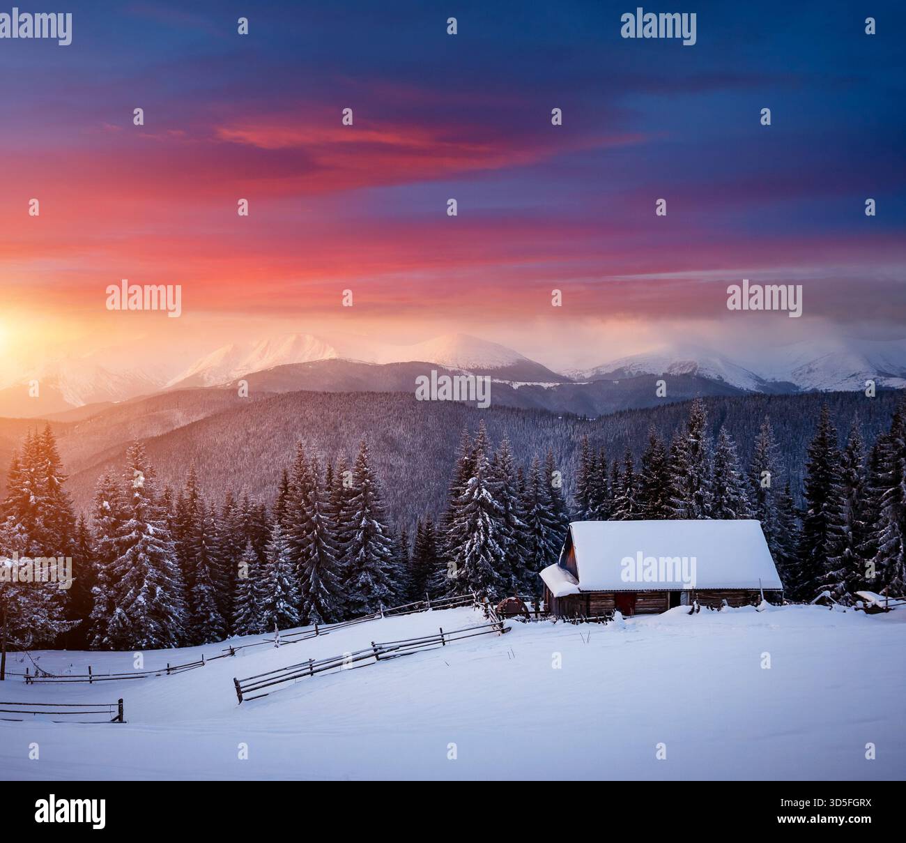 Vista aerea della campagna. Posizione Place Carpazi montagne, Ucraina, Europa. Magica scena invernale in una giornata ghiacciata. Concetto di vacanza. Attractiv Foto Stock