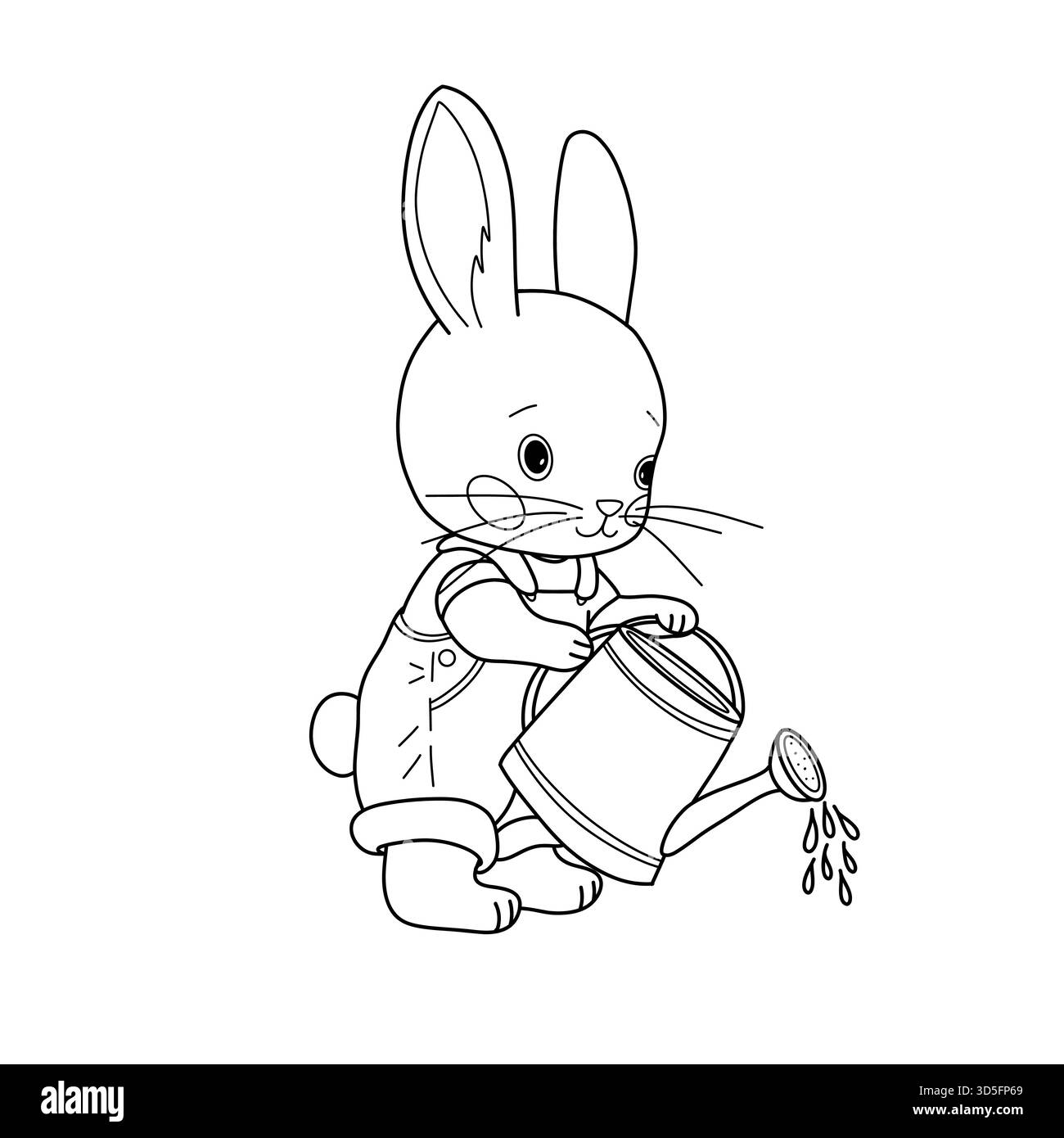 Simpatico coniglietto in tuta per innaffiare con lattina grande. Stravagante scena di giardinaggio in bianco e nero per bambini. Illustrazione giocosa dei personaggi vettoriali per libri di fiabe ed educativi. Sfondo bianco. Illustrazione Vettoriale