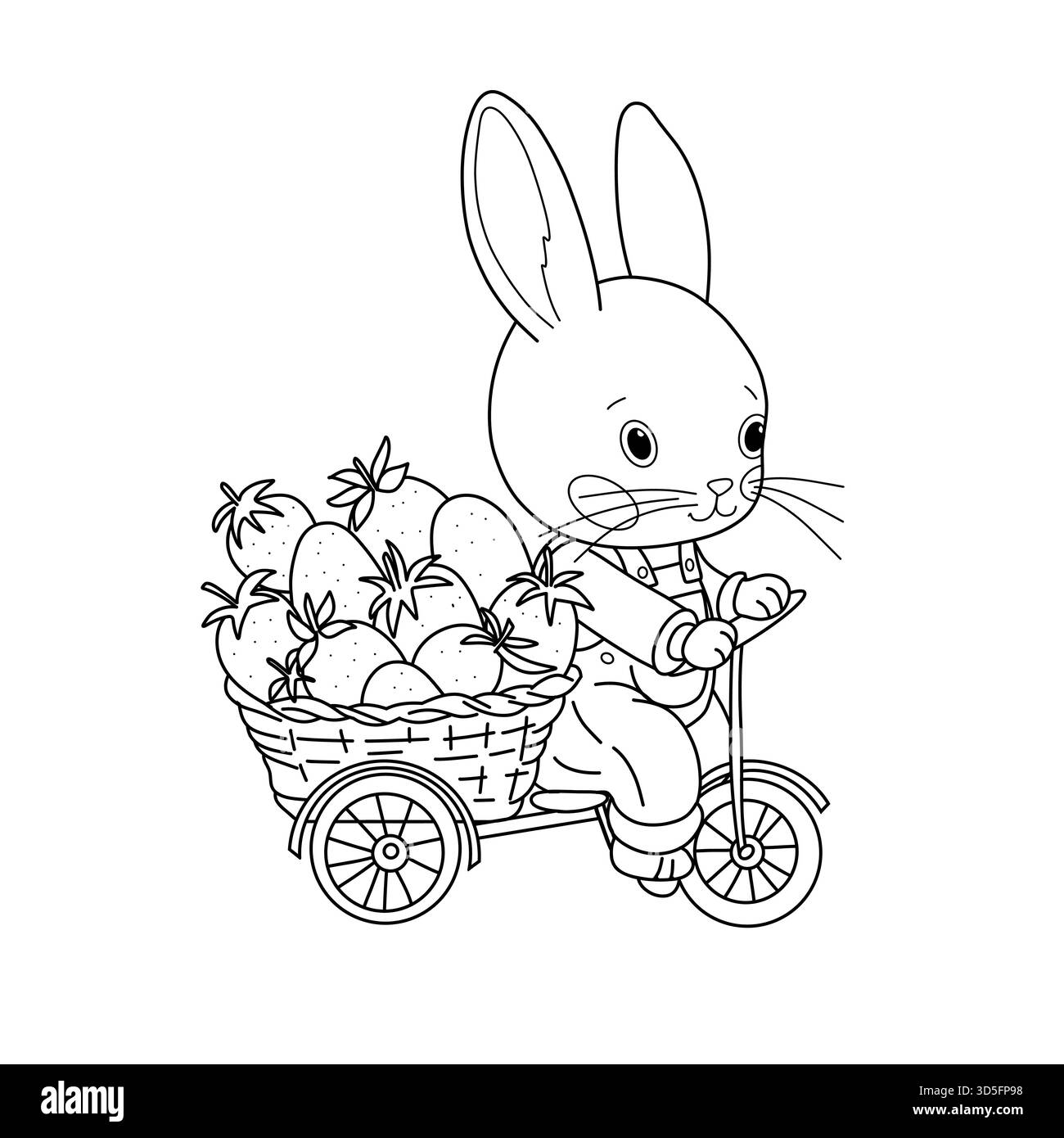 Graziosa bicicletta da ciclismo a carattere coniglietto con cesto pieno di fragole. Stravagante illustrazione vettoriale in bianco e nero per bambini e libri di fiabe. Un coniglio giocoso in tuta per un'avventura estiva in giardino Illustrazione Vettoriale