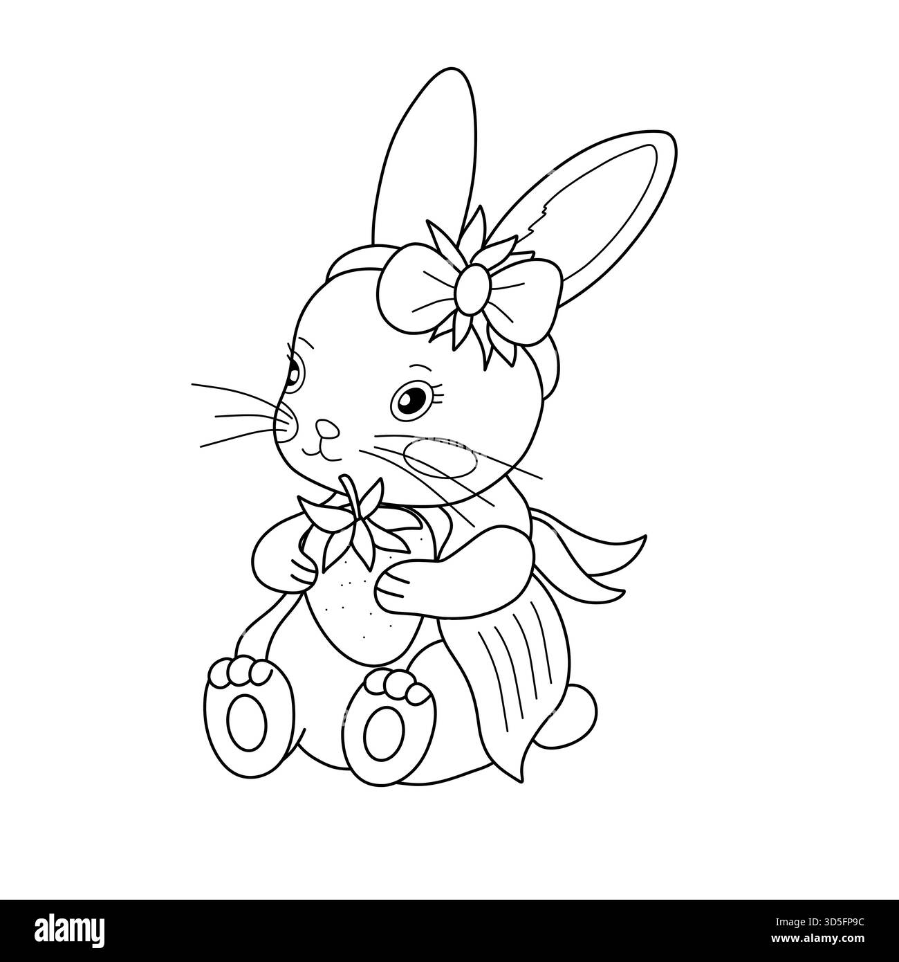 Adorabile coniglietto con prua seduta e fragola. Dolce illustrazione in bianco e nero per bambini, arredamento per bambini. Stravagante animale vettoriale per libri di fiabe e materiale didattico Illustrazione Vettoriale