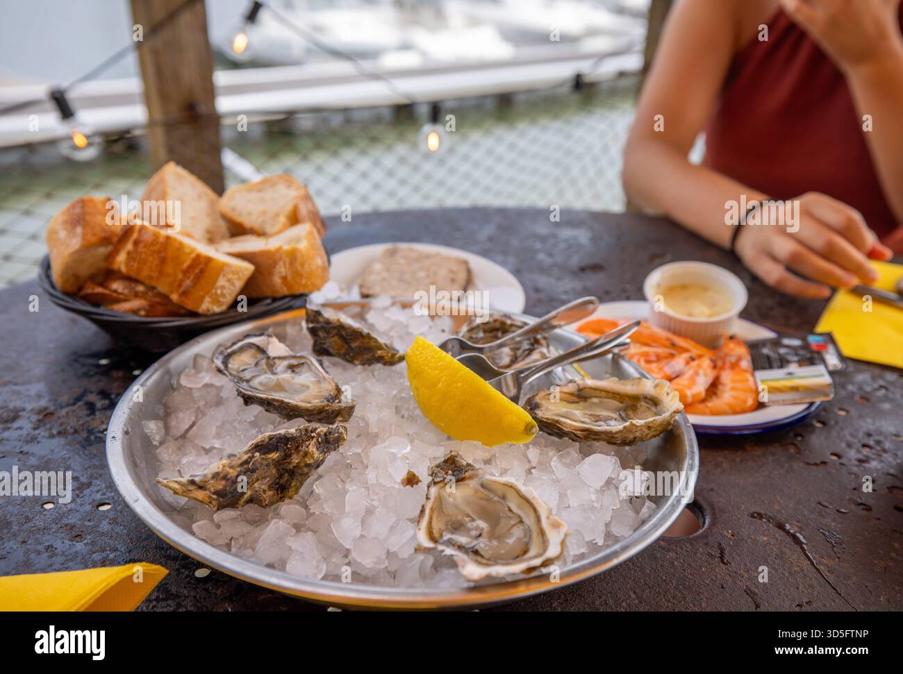 Un piatto di ostriche in un ristorante nel porto di Larros, Francia Foto Stock