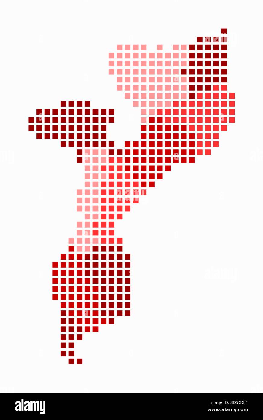 Mappa punteggiata del Mozambico. Mappa digitale del paese su sfondo bianco. Forma mozambica con punti quadrati. Stile puntini colorati. Illustrazione Vettoriale