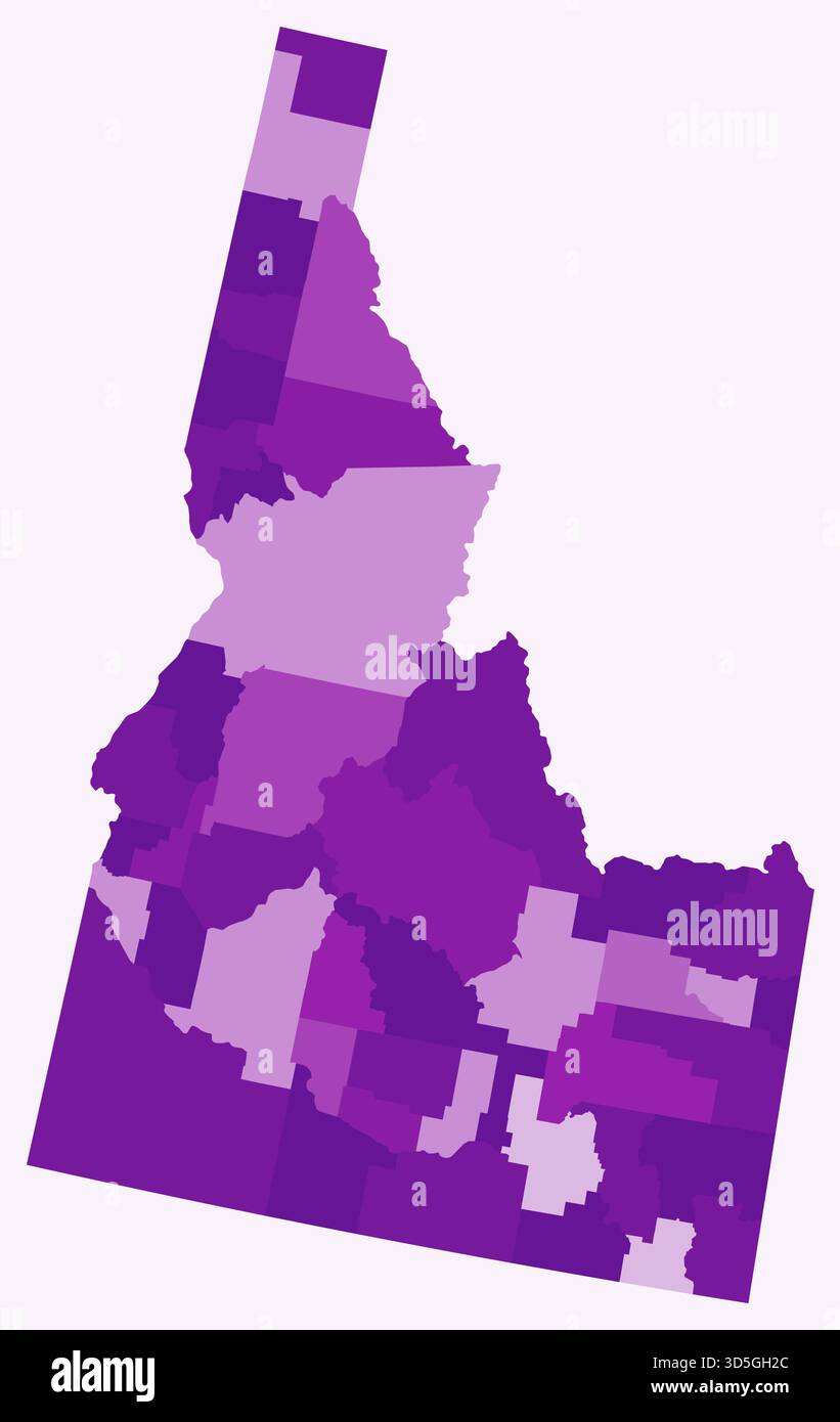 Mappa dell'Idaho con le contee. Solo una semplice mappa del confine di stato con la divisione della contea. Tavolozza dei colori viola. Illustrazione Vettoriale