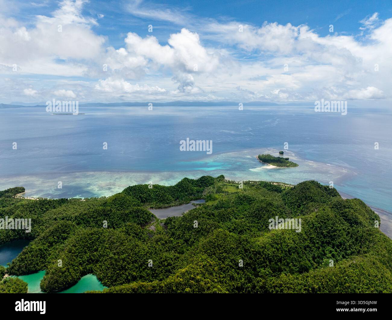 Le verdeggianti colline costiere si estendono fino al mare, dove si trova una piccola isola tropicale circondata da acque cristalline turchesi e formazioni coralline. Siargao, Filippine. Laguna blu di Sugba. Foto Stock