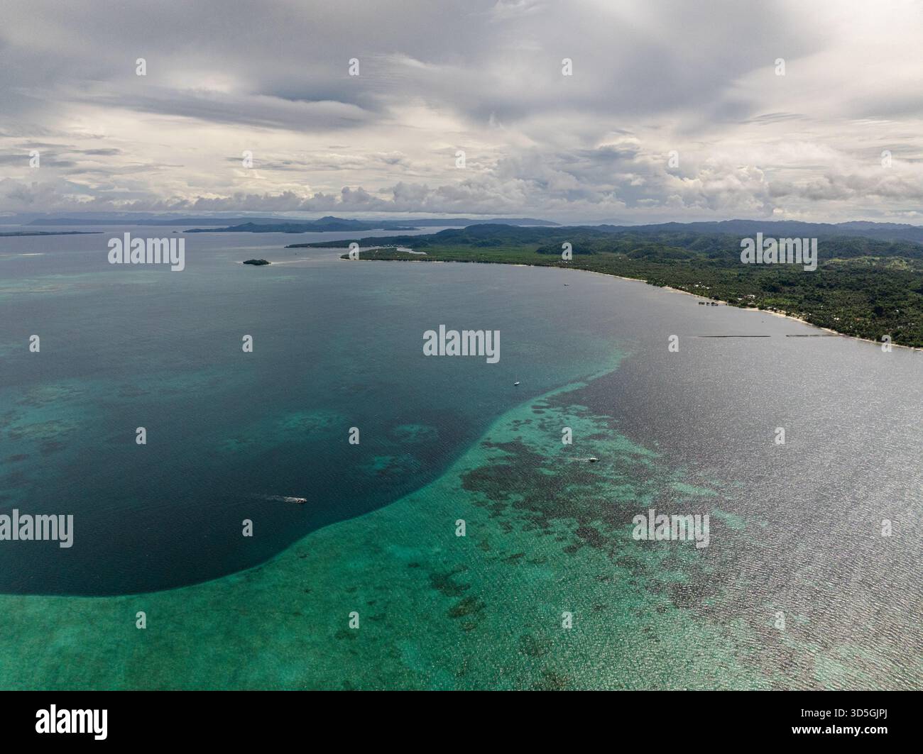 Vista costiera con acque turchesi della barriera corallina e verdi colline sotto il cielo nuvoloso e la linea dell'orizzonte. Siargao, Filippine. Foto Stock