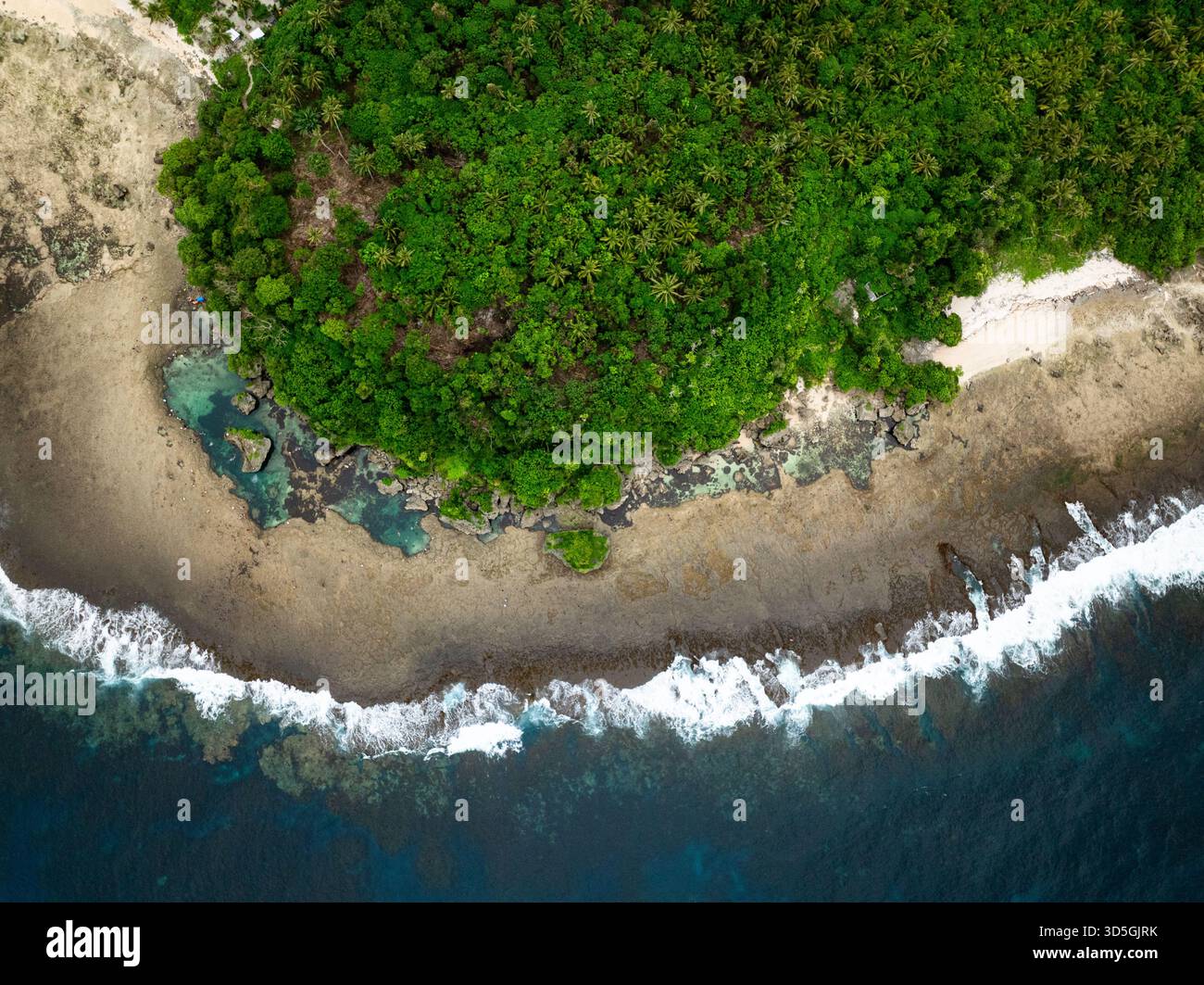 Piscine di marea lungo la costa rocciosa con una fitta foresta tropicale verde. Siargao, Filippine. Foto Stock