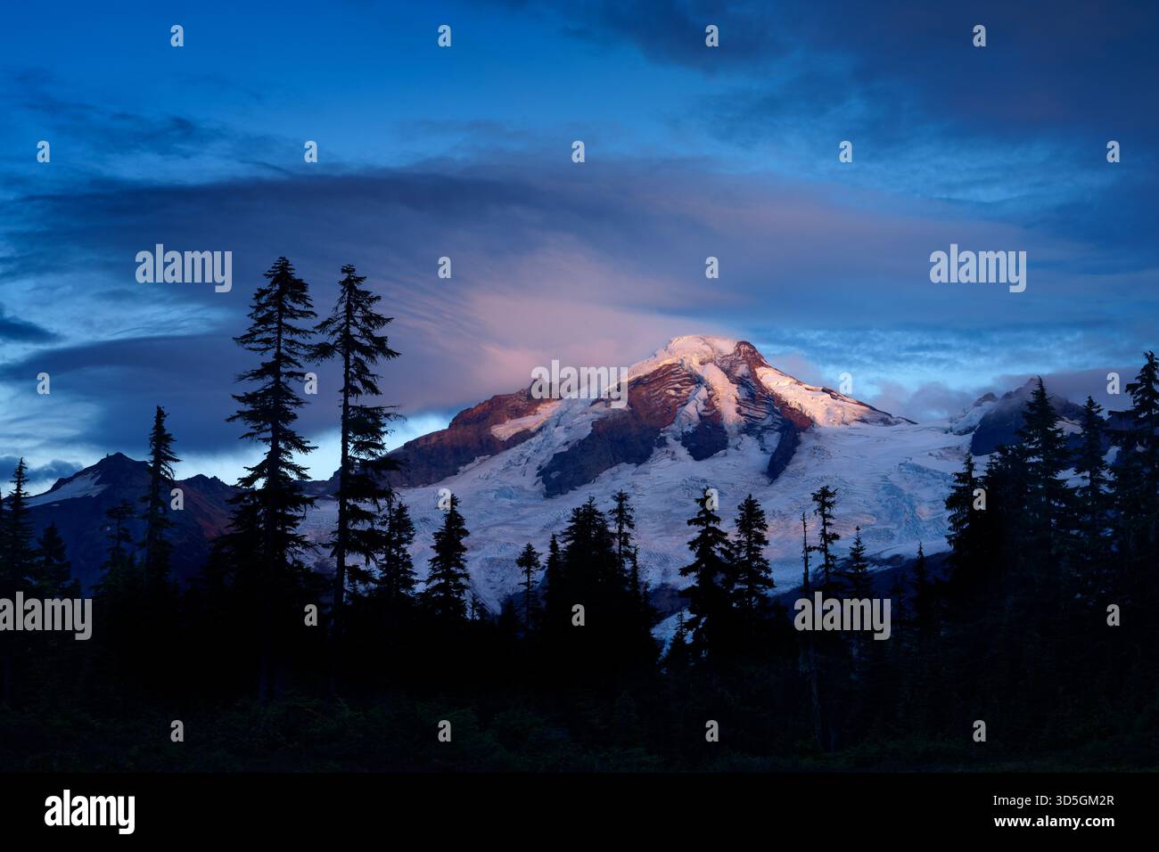 Monte Baker illuminato da alpenglow al tramonto, Mount Baker-Snoqualmie National Forest, North Cascade Mountains, Washington, Stati Uniti Foto Stock