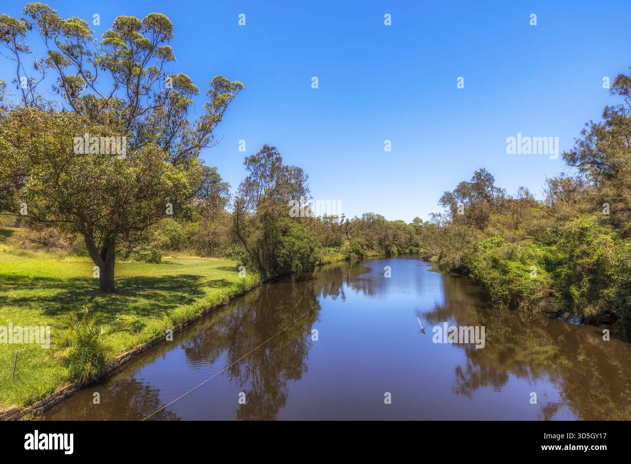 Il fiume Parramatta scorre attraverso il verde parco urbano nella parte occidentale di Sydney in Australia - vista a valle dal ponte. Foto Stock