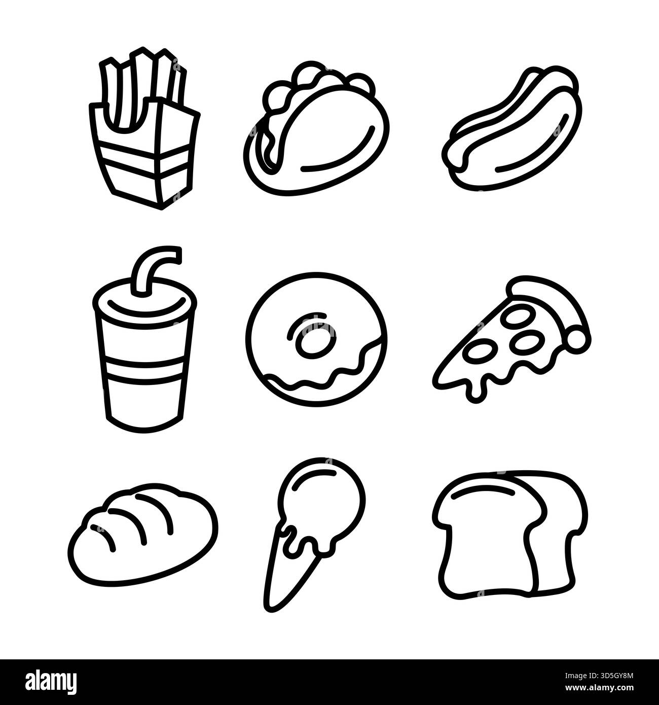 Le icone dei cartoni animati in bianco e nero presentano spuntini popolari e fast food Foto Stock