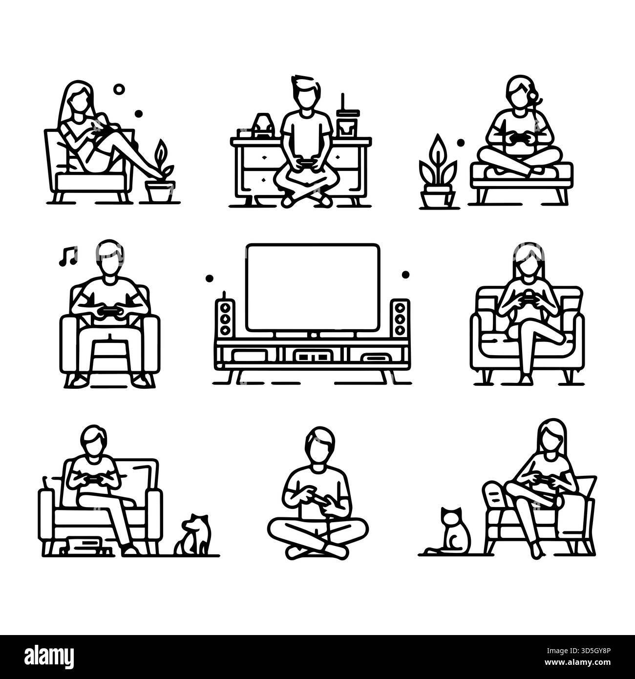 Pannelli in bianco e nero di cartoni animati di attività ricreative e di gioco a casa con dettagli accoglienti Foto Stock