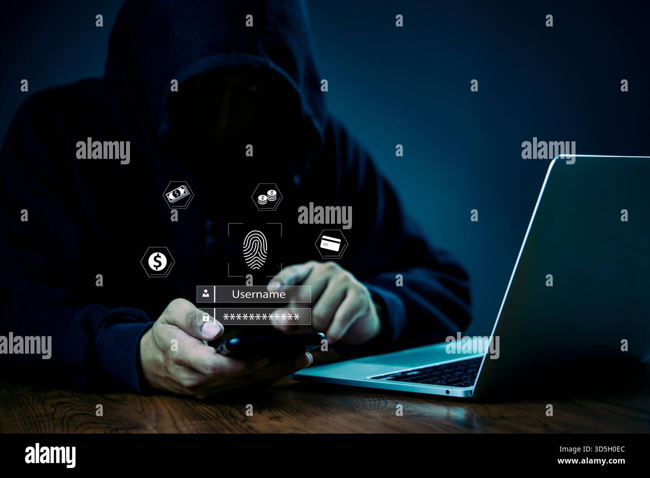 Concetto di hacking, dati personali Finanza, furto bancario. Accesso criminale a informazioni riservate. Login utente, identità digitale. Truffa online, phishin Foto Stock