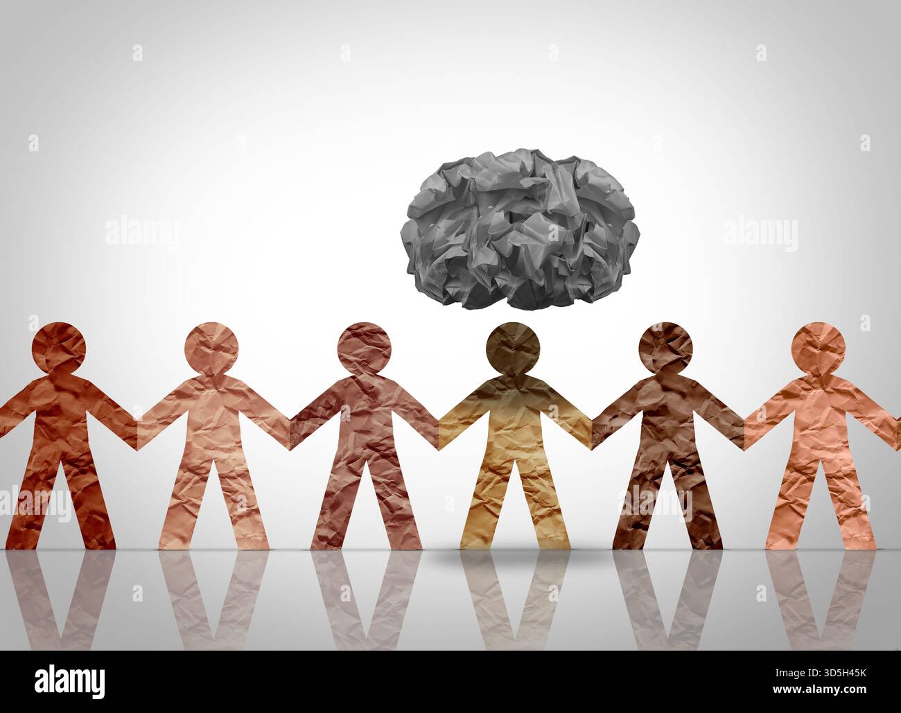 Persona depressa In Un gruppo come simbolo di una persona isolata in un gruppo che soffre di depressione come problema di salute mentale sociale con origami scuro c Foto Stock