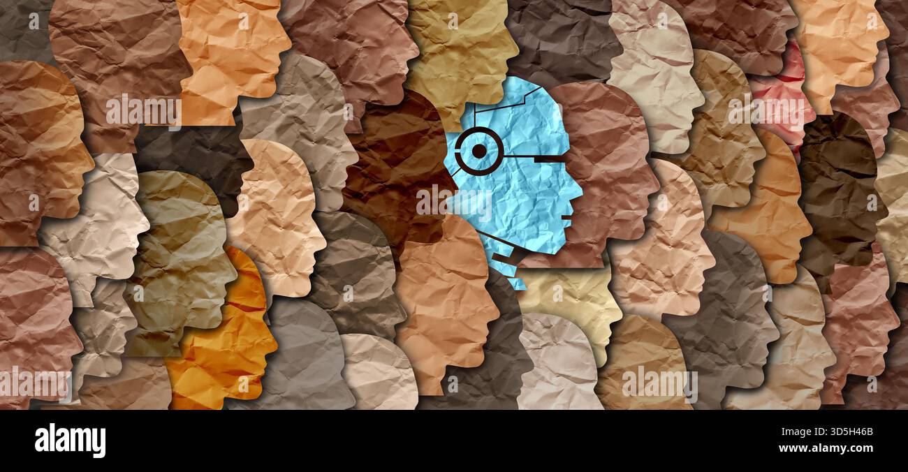 Robot nella società come concetto dei cambiamenti dirompenti che arrivano al mondo come un cyborg all'interno di una comunità diversificata di persone come IA o inte artificiale Foto Stock