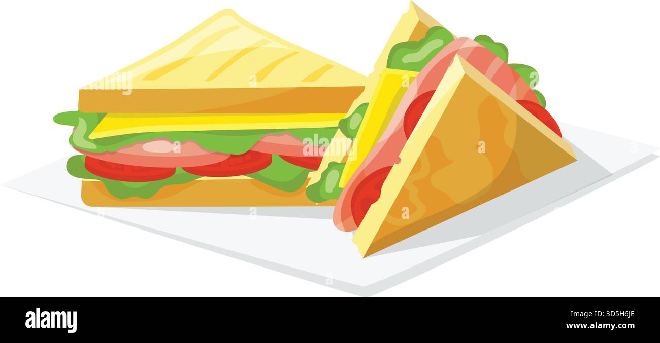 Due panini triangolari, prosciutto, pomodori, lattuga. Sandwich con specialità gastronomiche fresche. Cibo delizioso per il pranzo, concetto di mangiare sano illustrazione vettoriale Illustrazione Vettoriale