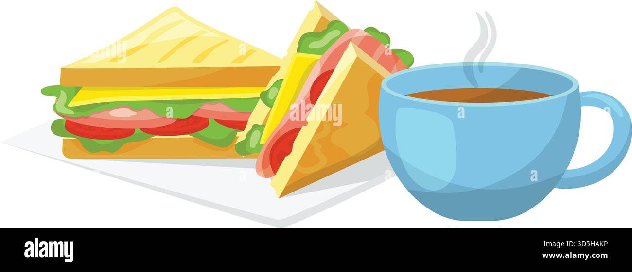Tavolino da caffè con sandwich. Sandwich con specialità fresche, bevande calde. Illustrazione del vettore del caffè del mattino per il cibo della colazione Illustrazione Vettoriale