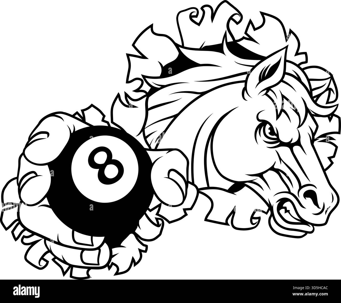 Horse Mustang Stallion Pool biliardo Mascotte sportiva Illustrazione Vettoriale