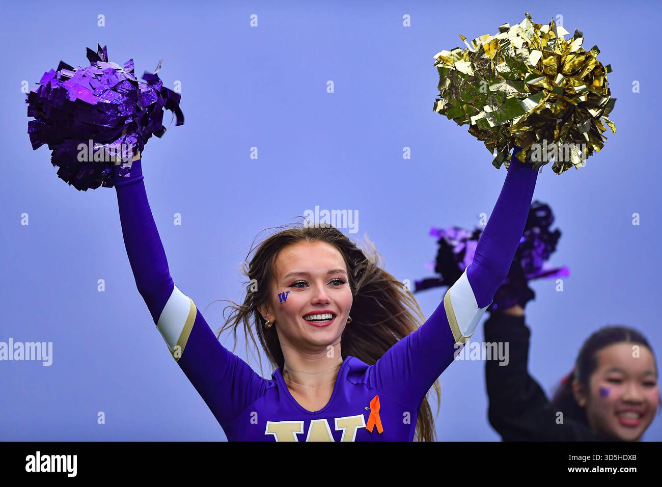 Seattle Washington, Stati Uniti. 15 novembre 2025. Una cheerleader di Washington guida la squadra sul campo prima della partita di football NCAA tra i Purdue Boilermakers e i Washington Huskies a Seattle. Washington sconfisse Purdue 49-13. Steve Faber/CSM/Alamy Live News Foto Stock