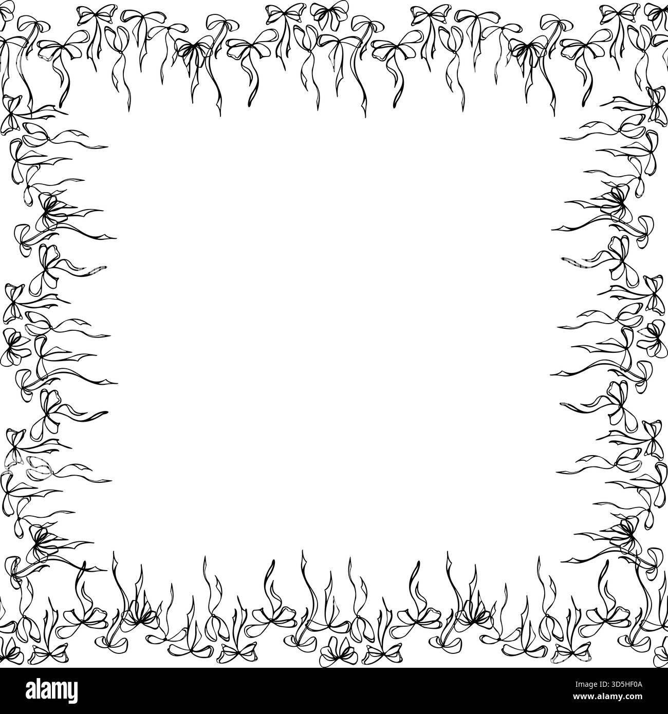 Fiocchi a nastro legati con lunghe code fluenti che decorano il bordo quadrato. Illustrazione della cornice dell'inchiostro vettoriale disegnata a mano, spazio di copia. Disposizione della carta regalo Illustrazione Vettoriale